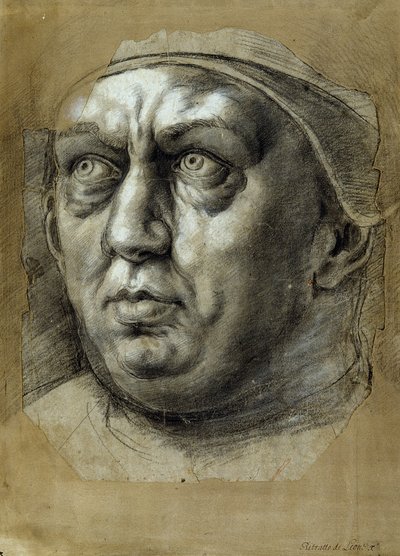 Głowa papieża Leona X (czarno-białe kredy na papierze) autorstwa Giulio Romano