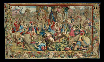 Historia Scypiona: Bitwa pod Zamą i pokonanie Hanibala, dziesiąty fragment gobelinu, wełna i jedwab, gobelin ... autorstwa Giulio Romano