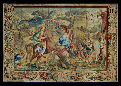 Historia Scypiona: Bitwa na płaskowyżu, czwarty fragment gobelinu, wełna i jedwab, gobelin ... autorstwa Giulio Romano