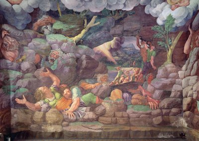 Sala dei Giganti, szczegół zniszczenia gigantów przez pioruny Jowisza, fragment fresku z 1536 r. z 78482 autorstwa Giulio Romano