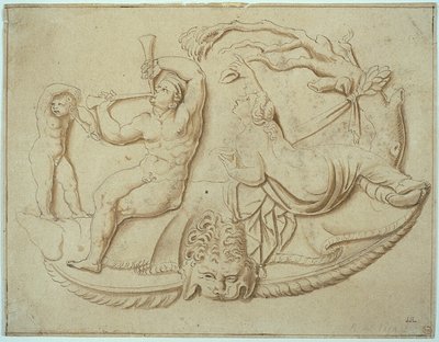 Satyr z dwiema fajkami i putto oraz kobieta pijąca napój z drzewa autorstwa Giulio Romano