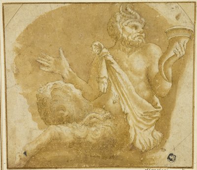Siedzący faun trzymający róg obfitości (rekto); Szkic drzewa i domu (verso) autorstwa Giulio Romano