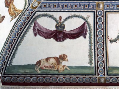 Komora Camera con Fregio di Amorini Fryz Kupidyna, detal przedstawiający psa i szczeniaka, fresk z lat 20. XX wieku autorstwa Giulio Romano