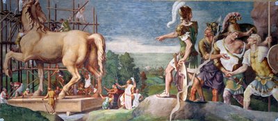 Budowa drewnianego konia Troi autorstwa Giulio Romano