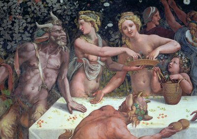 Dwie Horae rozrzucające kwiaty, obserwowane przez dwóch satyrów, fragment rustykalnej uczty z okazji zaślubin Kupidyna i Psyche z Sala di Amore e Psiche, fragment fresku z 1528 r. z 78427 autorstwa Giulio Romano