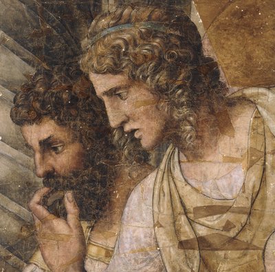 Dwóch mężczyzn, długość biustu, patrząc w dół: kreskówka do gobelinu, autorstwa Giulio Romano