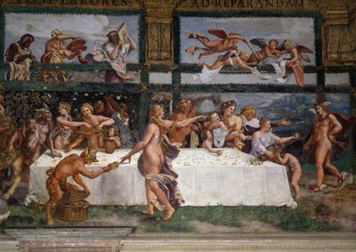 Uczta weselna lub bankiet bogów, fresk Giulio Romano (1499-1546), zachodnia ściana Komnaty Kupidyna i Psyche, Palazzo Te, Mantua (Lista Światowego Dziedzictwa UNESCO, 2008), Lombardia, Włochy autorstwa Giulio Romano