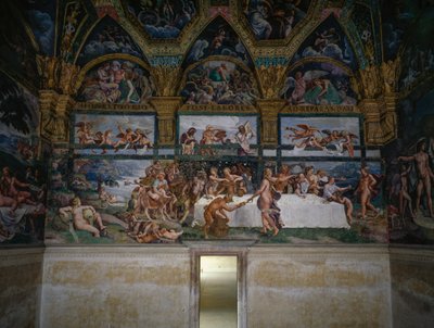 Uczta weselna lub bankiet bogów, fresk Giulio Romano (1499-1546), zachodnia ściana Komnaty Kupidyna i Psyche, Palazzo Te, Mantua (Lista Światowego Dziedzictwa UNESCO, 2008), Lombardia, Włochy autorstwa Giulio Romano