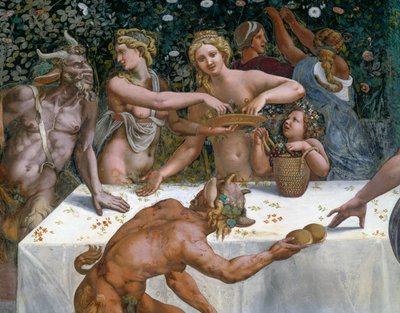 Uczta weselna lub bankiet bogów, fresk Giulio Romano (1499-1546), zachodnia ściana Komnaty Kupidyna i Psyche, Palazzo Te, Mantua (Lista Światowego Dziedzictwa UNESCO, 2008), Lombardia, Włochy autorstwa Giulio Romano