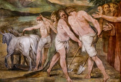 Romulus orka linię graniczną wokół przyszłego miasta Rzymu (szczegół) autorstwa Giuseppe Cesari