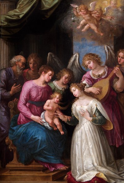 Mistyczne zaślubiny św. Katarzyny (olej na desce z orzecha włoskiego) autorstwa Giuseppe (1568 1640) Cesari