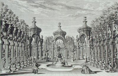 Projekt rozrywki w ogrodzie, z „Architectus Theatralis Primarius”, sztychowany przez Johanna Andreasa Pfeffela (1674-1748), opublikowany 1740 (rycina) autorstwa Giuseppe Bibiena