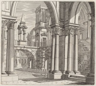 Fantazja architektoniczna z budynkami, schodami i portalami przy kanale autorstwa Giuseppe Antonio Landi