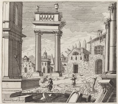 Fantazja architektoniczna z klasycznymi ruinami i budynkami ludowymi autorstwa Giuseppe Antonio Landi