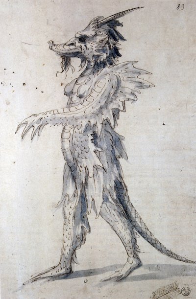 Projekt dla smoka (długopis, niebieski tusz i akwarela na papierze) autorstwa Giuseppe Arcimboldo