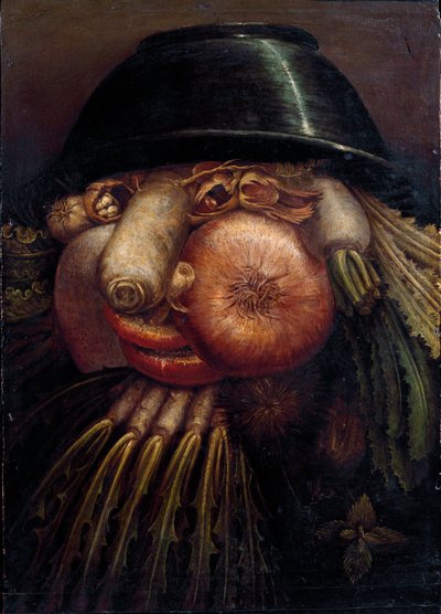 Portret z warzywami (Maraicher). Wśród warzyw i owoców reprezentowane są: orzechy, rzodkiewka, grzyby, czosnek, kasztan, cebula, sałata, orzech laskowy i rzepa. Obraz Giuseppe Arcimboldi (Arcimboldo) (1527-1593) Cremona, Pinacoteca Comunale autorstwa Giuseppe Arcimboldo