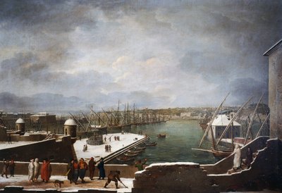Widok na port w Genui w śniegu autorstwa Giuseppe Bacigalupo