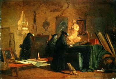 Koneserzy w strojach karnawałowych we wnętrzu z obrazami i przedmiotami sztuki i nauki (olej na papierze położony na płótnie) autorstwa Giuseppe Bernardino Bison