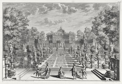 Oprawa do opery w ogrodzie z Architectus Theatralis Primarius, sztychowana przez Johanna Andreasa Pfeffela (1674-1748), wydana w 1740 r. autorstwa Giuseppe Bibiena