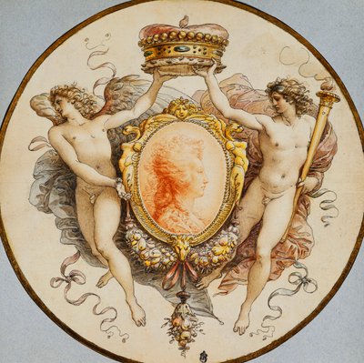 Owalny portret kobiety w profilu z ozdobną obwódką groteski i ozdobników, z pobocznymi alegorycznymi postaciami sławy i zwycięstwa trzymającej koronę, autorstwa Giuseppe Cades