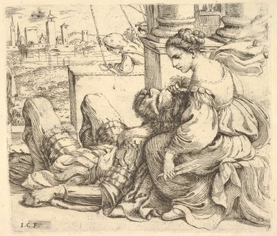 Delilah trzymająca włosy Samsona i nożyczki, 1620-30. autorstwa Giuseppe Caletti