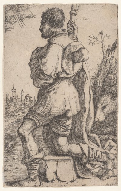 Św. Roch klęczący na kamieniu widziany z boku z psem za nim..., 1620-30. autorstwa Giuseppe Caletti
