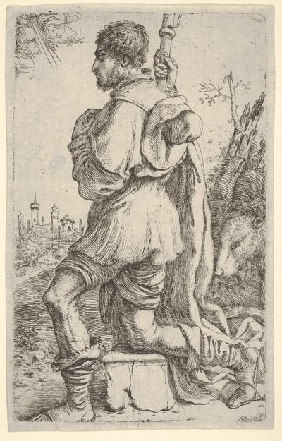 Św. Roch klęczący na kamieniu widziany z boku z psem za nim i miastami..., 1620-30. autorstwa Giuseppe Caletti