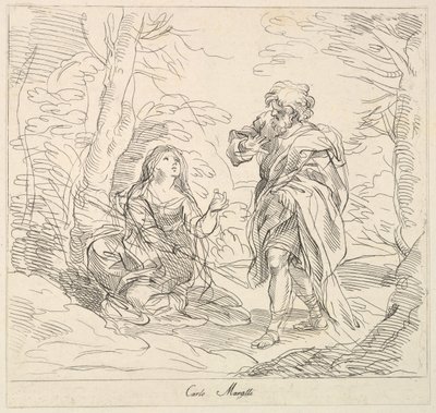 Siedząca kobieta i Brodaty mężczyzna w krajobrazie, 1740-1802. autorstwa Giuseppe Canale