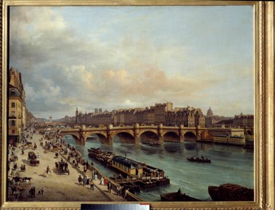 La cite et le Pont Neuf widziane z Quai du Louvre Na pierwszym planie myjnia łodzi (boat-wash) i wielka aktywność brzegów Sekwany. Obraz Canella Giuseppe Canella l