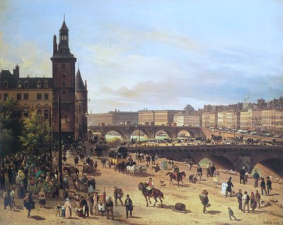 Targ kwiatowy, Wieża Zegarowa, Pont au Change i Pont Neuf autorstwa Giuseppe Canella
