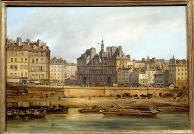 Ratusz i miejsce de Greve widziane z Ile de la Cite w Paryżu. Obraz Giuseppe Canelli (1788-1847) EC.ITAL. autorstwa Giuseppe Canella