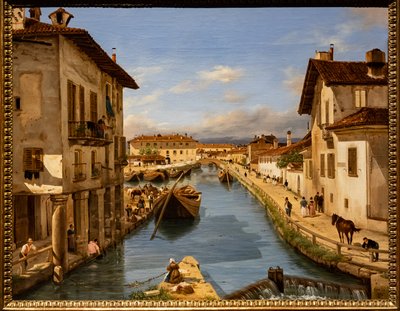 Widok na kanał Naviglio z mostu św. Marka, ok. 1850 (olej na płótnie) autorstwa Giuseppe Canella