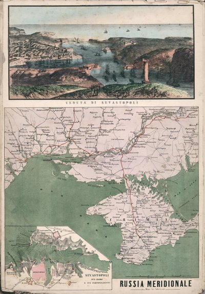 Mapa południowej Rosji z widokiem na Zatokę Sewastopolską i jej fortyfikacje, 1853. autorstwa Giuseppe Civelli