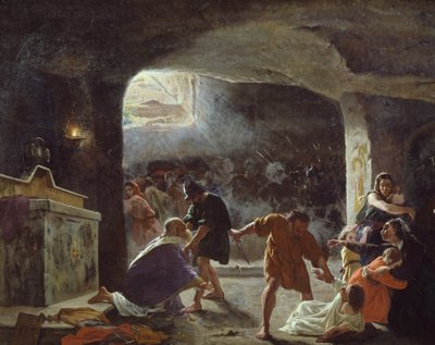 Pierwsi chrześcijanie zabici w katakumbach, obraz Giuseppe Mancinelli (1813-1875) autorstwa Giuseppe Mancinelli
