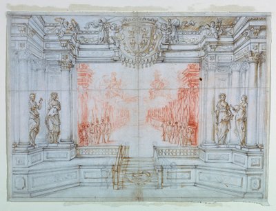 Rysunek, scenografia: Ballet Cele, 1674 autorstwa Giuseppe Maria Mitelli