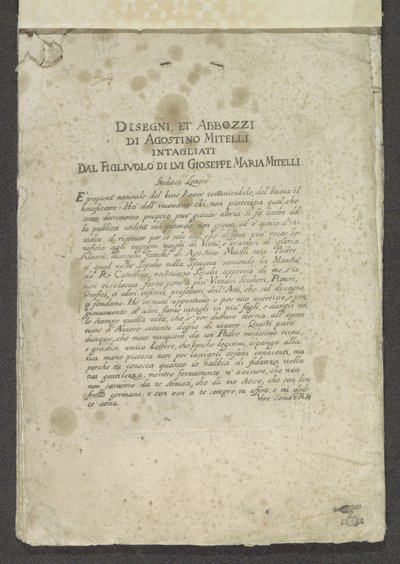 Druk tytułu z przedmową w kolejności Ozdoby (tytuł serii) Rysunki i szkice Agostino Mitelli Rzeźbione przez jego syna Gioseppe Marię Mitelli (tytuł serii na obiekcie) autorstwa Giuseppe Maria Mitelli