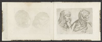 Po prawej dwa popiersia starszych kobiet Przykłady rysunków (tytuł serii) Mitelli intaglio (tytuł serii) autorstwa Giuseppe Maria Mitelli