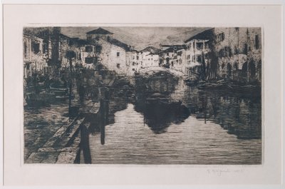 Kanał Targu Rybnego w Chioggia (akwaforta na białym papierze) autorstwa Giuseppe Miti Zanetti