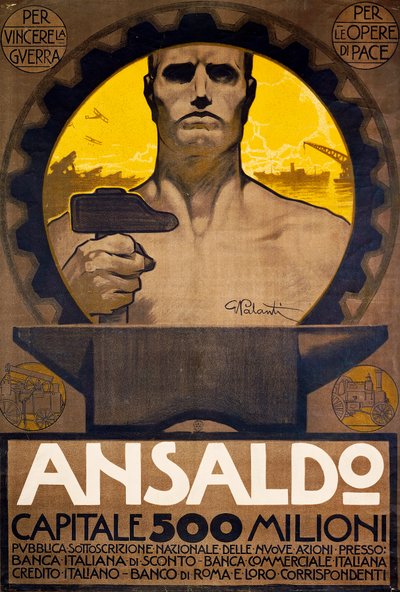 Robotnik z młotkiem i kowadłem, plakat Ansaldo z Genui do subskrypcji nowych akcji autorstwa Giuseppe Palanti
