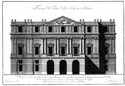 Rysunek architektury zewnętrznej fasady Teatro alla Scala (Theatre de la Scala) w Mediolanie zrealizowany przez Giuseppe Piermariniego (1734-1808). autorstwa Giuseppe Piermarini