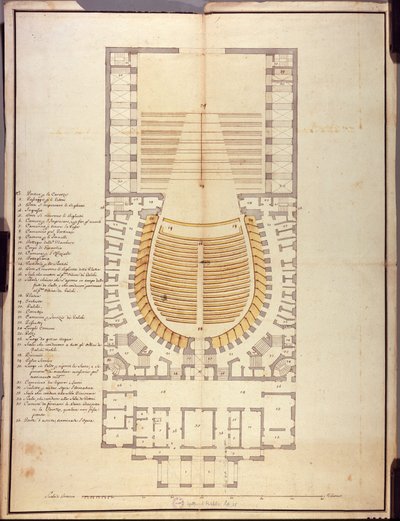 Oryginalny rysunek architektury wnętrz Teatro alla Scala autorstwa Giuseppe Piermarini
