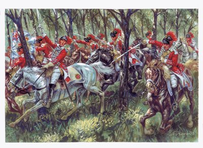 Amerykańska wojna o niepodległość (1775-1783): szarża amerykańskich osadników - Amerykańska wojna rewolucyjna - Ilustracja autorstwa Giuseppe Ravy autorstwa Giuseppe Rava