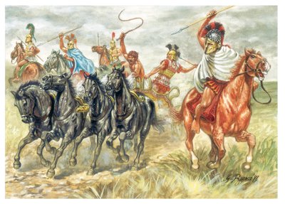 Starożytna Grecja: Greccy kawalerzyści i czołg - Starożytna Grecja: greccy żołnierze i czołg - Ilustracja autorstwa Giuseppe Rava autorstwa Giuseppe Rava