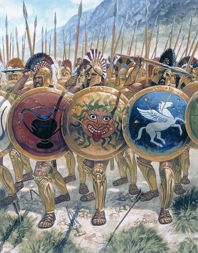 Starożytna Grecja: postęp hoplitów - Starożytna Grecja: greccy hoplici - Ilustracja autorstwa Giuseppe Rava autorstwa Giuseppe Rava