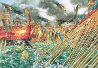 Starożytny Rzym: bitwa pod Aktium stoczona między siłami Oktawiana a połączonymi siłami Marka Antoniusza i Kleopatry VII 2 września 31 r. p.n.e. - Ilustracja autorstwa Giuseppe Ravy autorstwa Giuseppe Rava