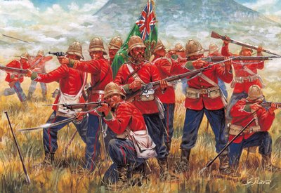 Wojna anglo-zuluska: żołnierze Imperium Brytyjskiego w bitwie pod Isandhlwana (Isandlwana lub Isandula) w Afryce Południowej, 22/01/1879 - Wojna anglo-zuluska: żołnierze Imperium Brytyjskiego, bitwa pod Isandlwana 22 stycznia 1879 - Ilustracja Giuseppe Rav autorstwa Giuseppe Rava