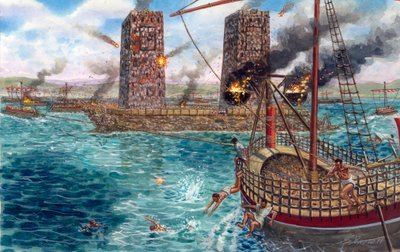 Podbój imperium perskiego: oblężenie Tyru przez króla Aleksandra Wielkiego (356-323 p.n.e.) w 332 r. p.n.e. - Oblężenie Tyru przez Aleksandra Wielkiego w 332 r. p.n.e. podczas kampanii przeciwko Persom - Ilustracja autorstwa Giuseppe Ravy autorstwa Giuseppe Rava