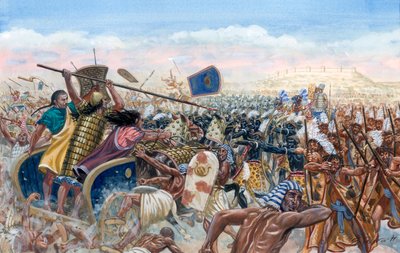 Egipski antyk: szarża hetyckich czołgów Mupatalli na egipską armię Ramzesa II podczas bitwy pod Kadesz w 1274 r. p.n.e. - armia imperium hetyckiego pod dowództwem Mutalli II szarżująca na armię faraona Ramzesa II (1303 p.n.e.-1213 p.n.e.) podczas bitwy pod autorstwa Giuseppe Rava