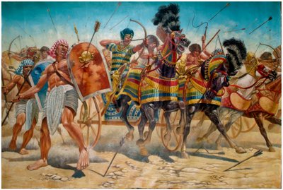 Egipski antyk: przedstawienie faraona Ramzesa II (1304-1213 p.n.e.) z jego armią prowadzącą czołgi podczas bitwy pod Kadesz w 1274 r. p.n.e. - Faraon Ramzes II (1303 p.n.e. ð 1213 p.n.e.) i jego armia podczas bitwy pod Kadesz w 1274 r. p.n.e. w starożytnym autorstwa Giuseppe Rava