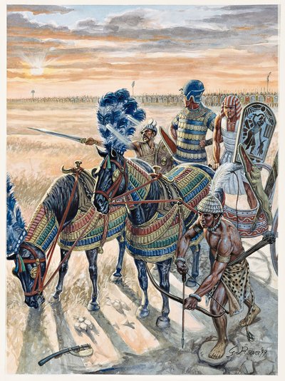 Egipski antyk: przedstawienie faraona Ramzesa II (1304-1213 p.n.e.) z jego armią - Faraon Ramzes II (1303 p.n.e.-1213 p.n.e.) i jego armia w starożytnym Egipcie - Ilustracja Giuseppe Rava autorstwa Giuseppe Rava